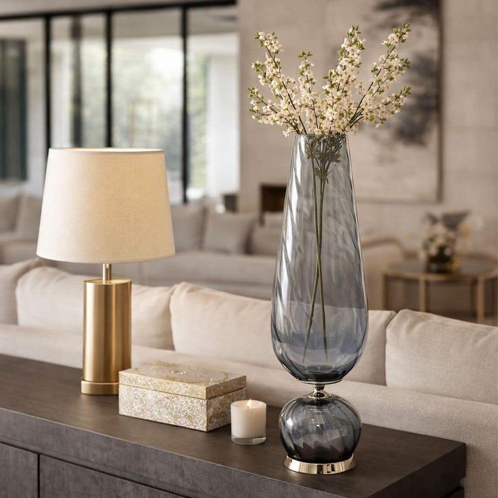 Liv & Skye 25 in. Gray Glass Contemporary Smoked Decorative Vase with Metal Base