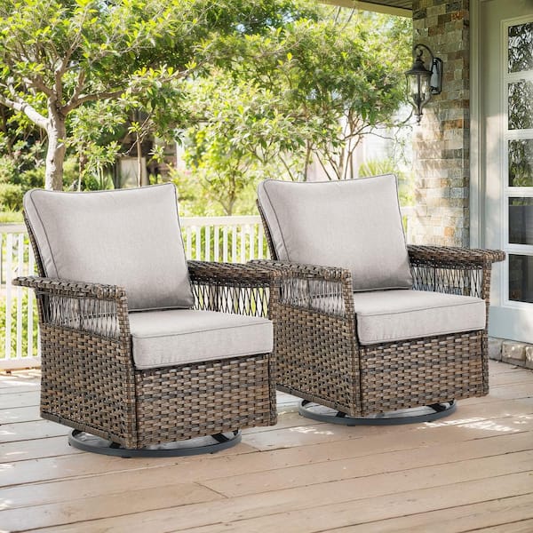 Gymojoy StLouis 2-Person Patio Swivel Chair Brown Wicker Outdoor Glider with Beige Cushions