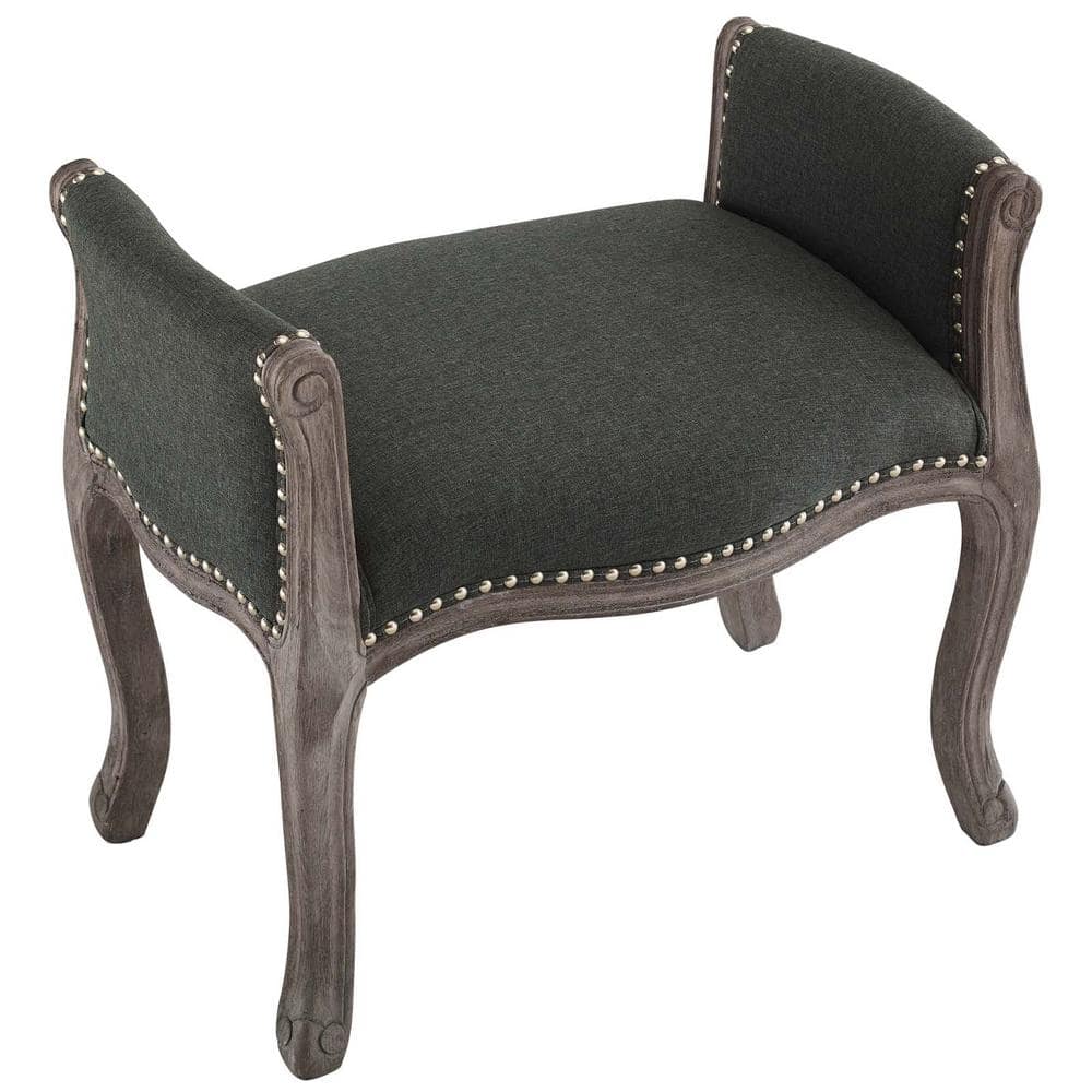 Gray Vintage French Upholstered Fabric Bench with Nailhead Trim