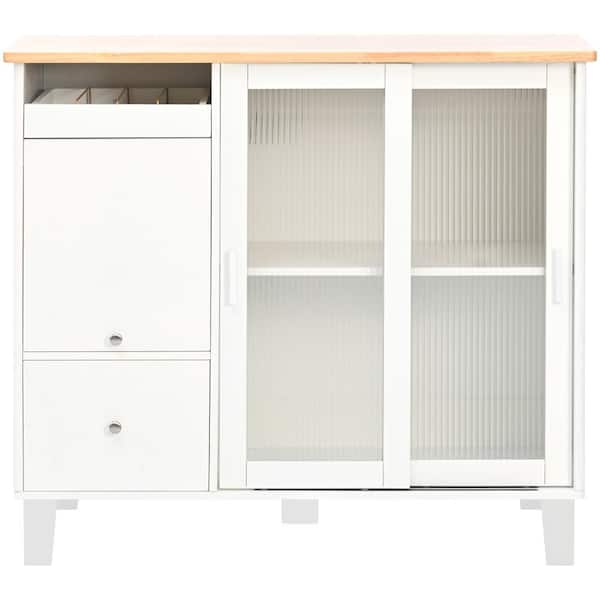 Oasis White Wood 44 in. Kitchen Island with 2 Fluted Glass Doors and 1 Flip Cabinet Door