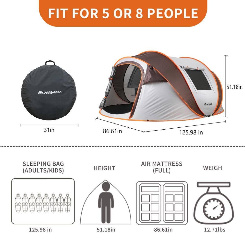 EchoSmile 8-Person White and Brown Pop Up Camping Tent