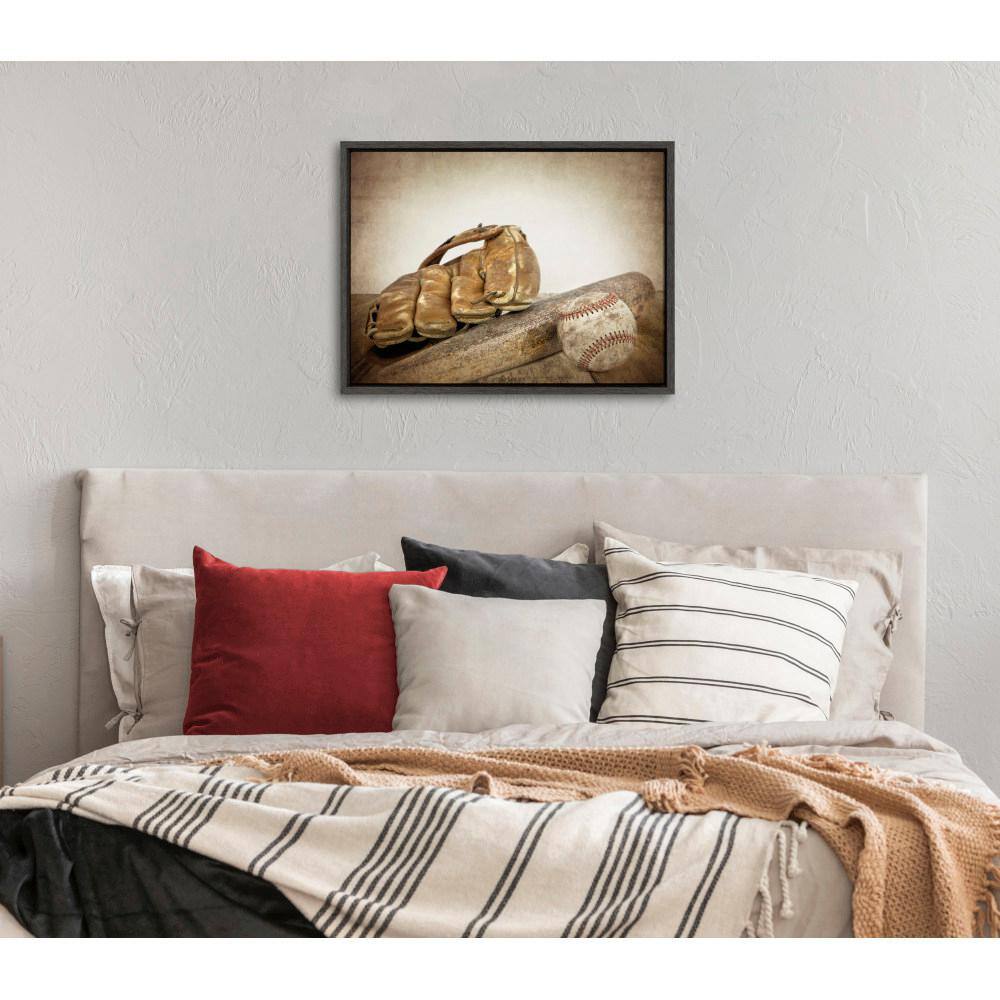 Vintage Baseball Glove and Bat Framed Canvas Print