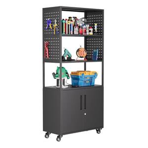 31.5 in. W x 70.86 in. H x 15.7 in. D Steel Garage Storage Freestanding Cabinet with Lock and Left Pegboard in Black