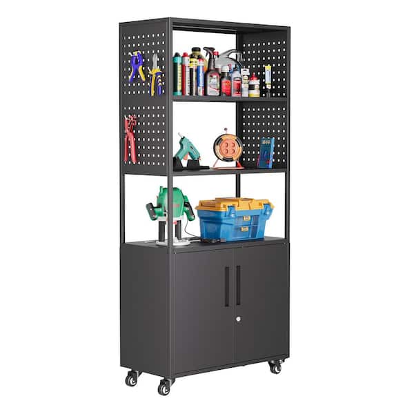 LISSIMO 31.5 in. W x 70.86 in. H x 15.7 in. D Steel Garage Storage Freestanding Cabinet with Lock and Left Pegboard in Black