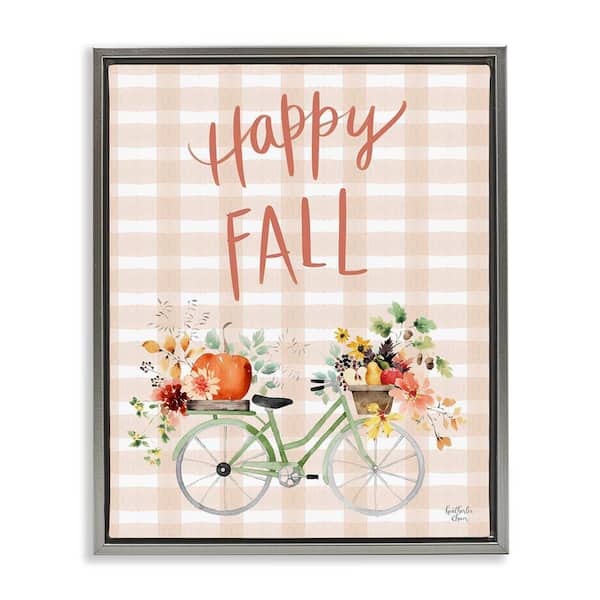 Stupell Industries Happy Fall Plaid Flowers Blooming Bicycle by Heatherlee Chan Gray Floater Frame Graphic Travel Art Print 31 in. x 25 in.