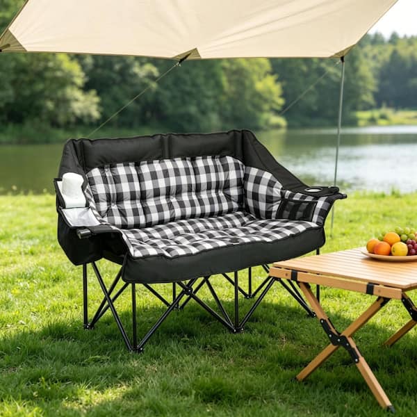 Double Camping Chair 800 lbs, 59 in Oversized Loveseat Folding Chair with Cooler Bag, Padded Seat for Outdoor