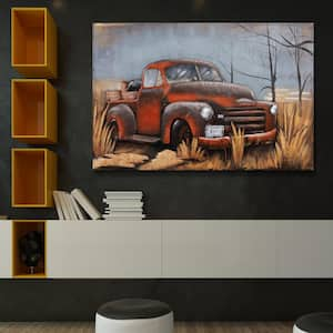 Old Truck Mixed Media Iron Hand Painted Dimensional Unframed Travel Wall Art, 32 in. x 48 in.