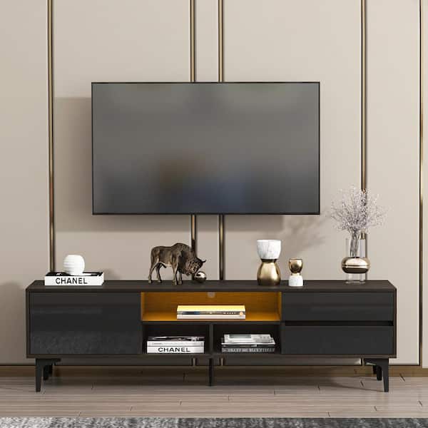 63 in. Dark Brown & Black Modern TV Stand with LED Lights with Shelves and drawers, Fits up to 69 in. TVs