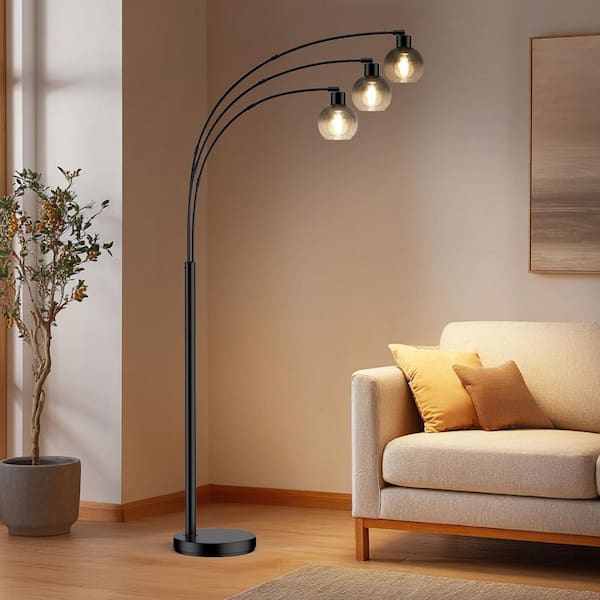 73 in. Black Industrial 3-Light LED Arc Tree Floor Lamp with Adjustable Swing Arm, Glass Shade Standing Lamp for Bedroom
