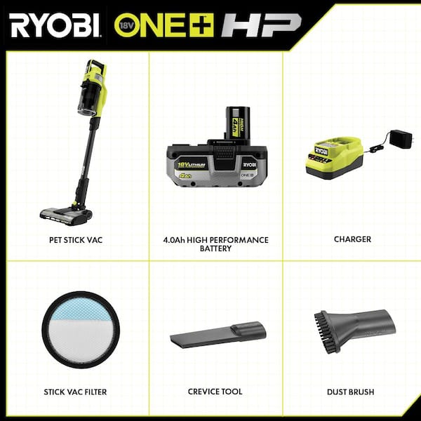 RYOBI ONE+ HP 18V Brushless Cordless Pet Stick Vacuum Cleaner Kit with 4.0  Ah HIGH PERFORMANCE Battery and Charger PBLSV716K - The Home Depot