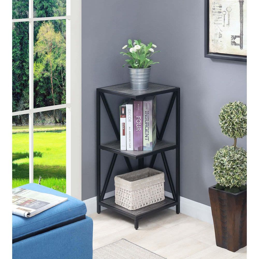 Weathered Gray and Black Wood 3-Tier Corner Bookshelf