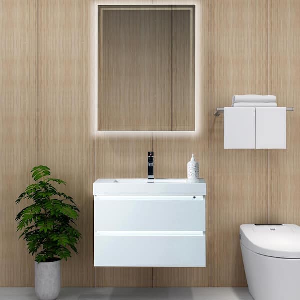 Vanity Art Annecy 30 in. W x 18.5 in. D x 20 in. H Bathroom Wall Hung LED Vanity in White w/ Single Basin Vanity Top in White Resin