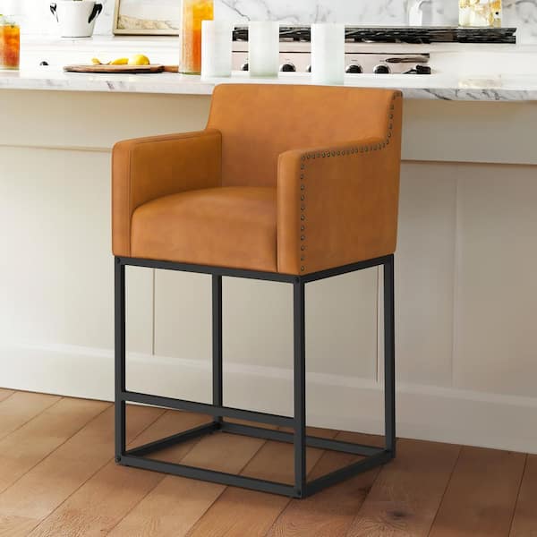LUE BONA Hampton 26 in. Whiskey Brown Modern Faux Leather Bar Stool Square Metal Frame Counter Height Bar Stool