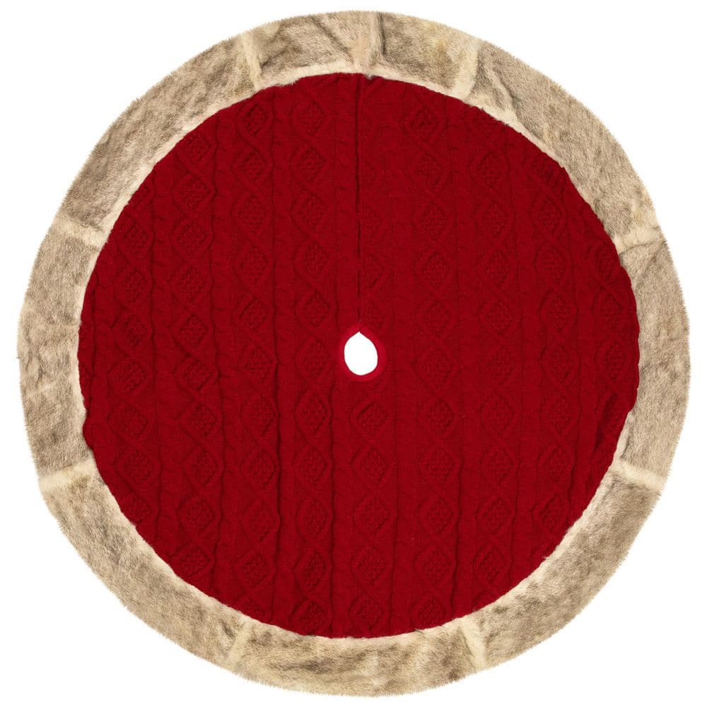 Cable Knit Christmas Tree Skirt with Faux Fur Trim-48in.-Red price history on PriceWatchPro