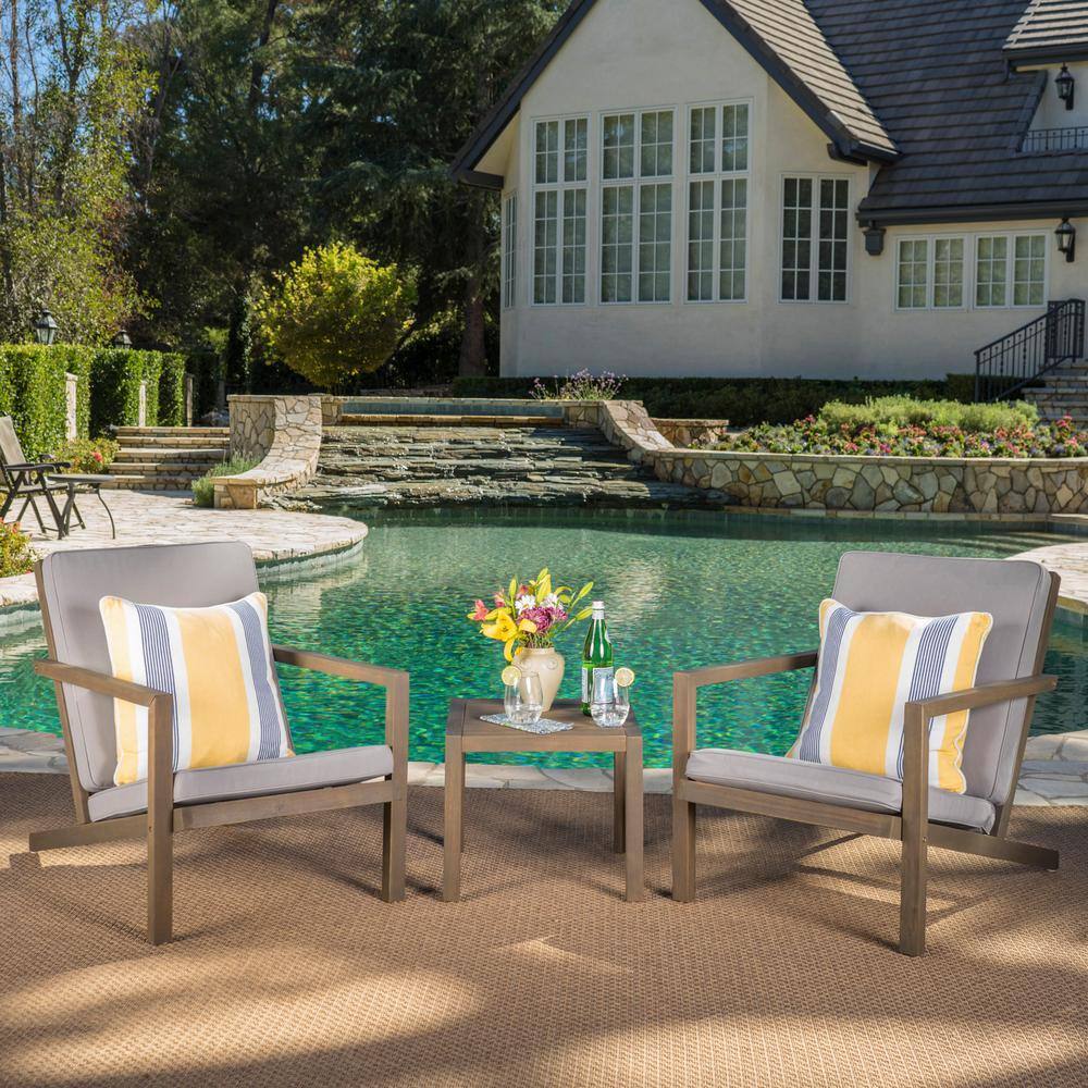 Gray Acacia Wood 3-Piece Outdoor Chat Set with Water-Resistant Cushions
