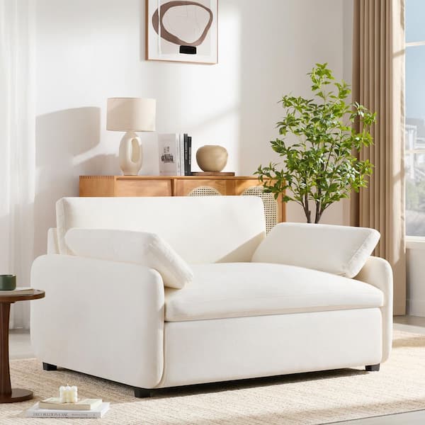 Cream 50 in. Oversized Chenille Arm Chair with 2-Pillows, Wide and Deep Seat