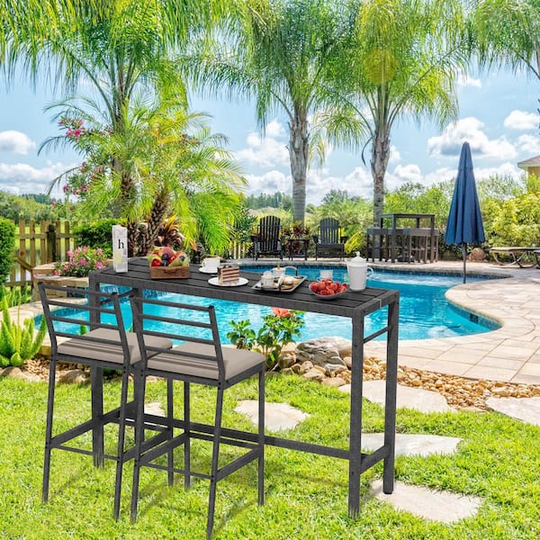 2-Person Black Rectangle HDPE/Metal 38 in. H Outdoor Patio Bar Set Dining Table, Balcony Bar Set