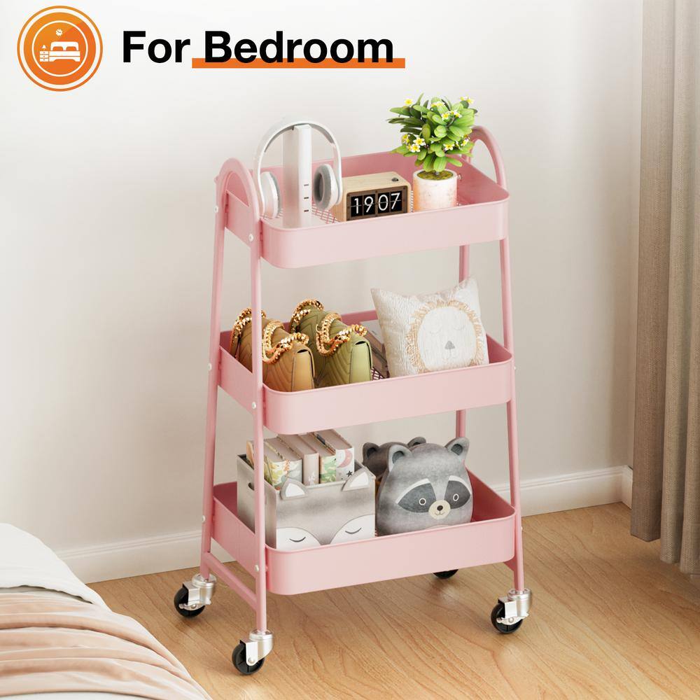 Pink 3-Tier Metal Rolling Kitchen Storage Cart with Wheels