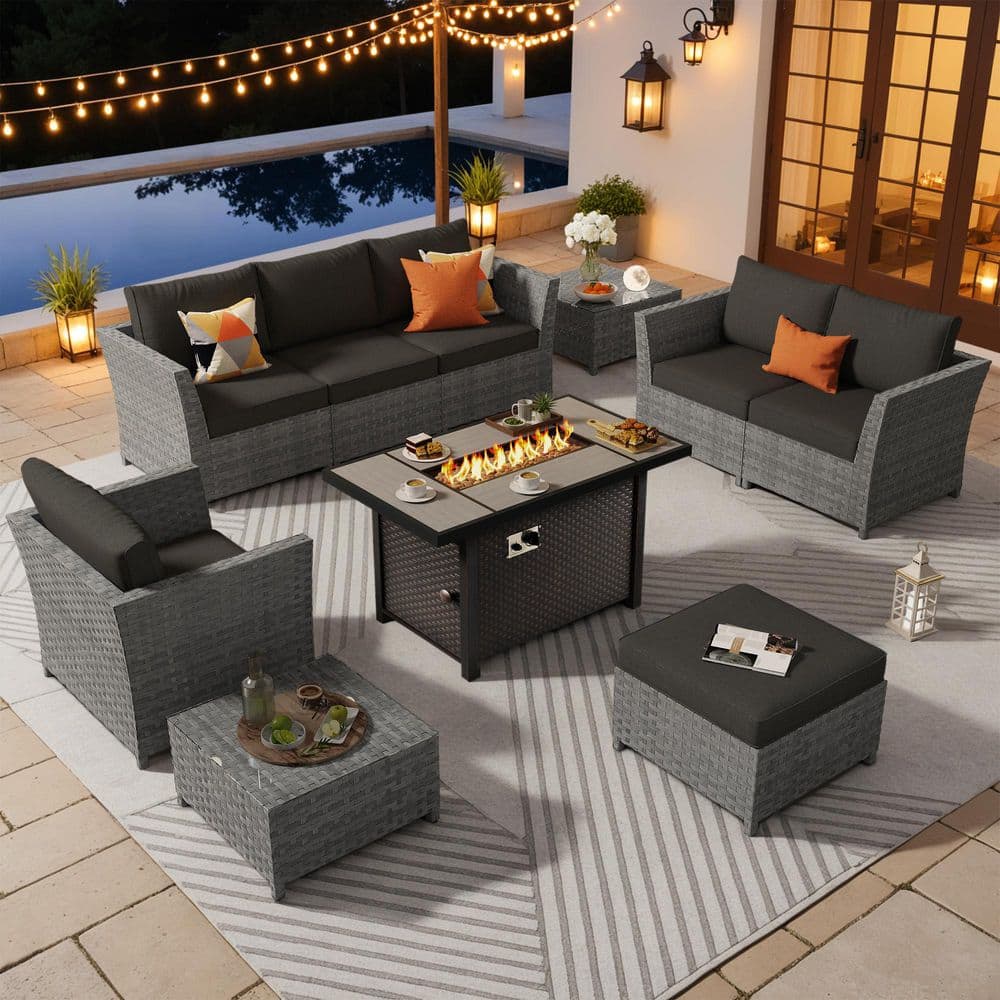 Alpenrose 10 Pieces Wicker Outdoor Patio Rectangular Fire Pit Set with Black Cushions price history on PriceWatchPro