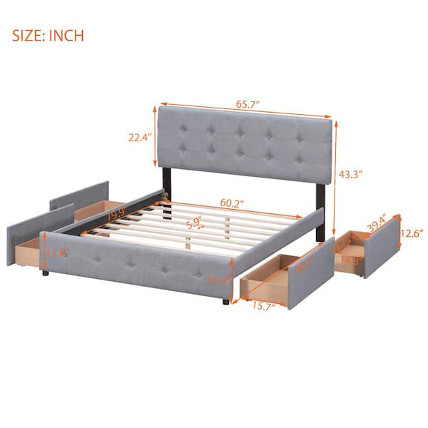 Amolife Queen Size Platform Bed Frame with Headboard and 4 Storage Drawers,  Button Tufted Style, Light Grey, Mattress Not Included