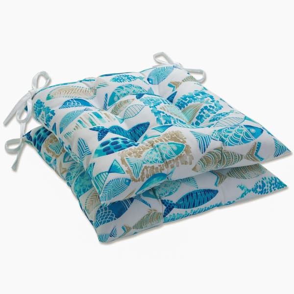 Pillow Perfect Tropical 19 in. x 18.5 in. Outdoor Dining Chair Cushion in Blue/Tan/Off-White (Set of 2)
