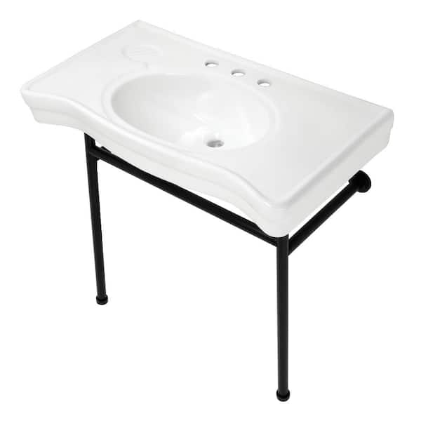 Kingston Brass Bristol 36 in. Ceramic Console Sink Set with Stainless Steel Legs in White/Matte Black