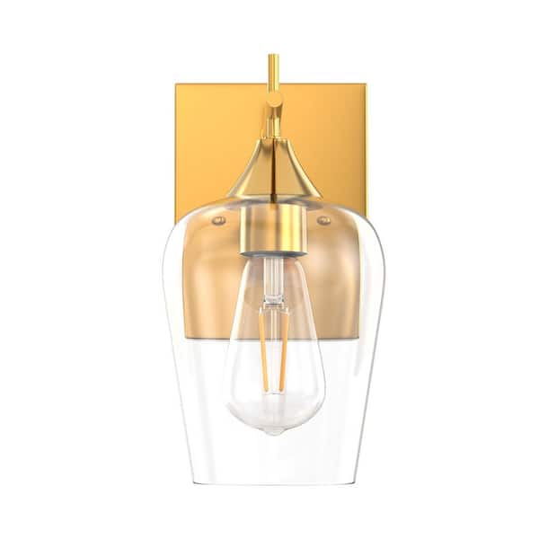 YANSUN 7.09 in. 1-Light Gold Wall Sconce with Wine Glass Shade for Hallway