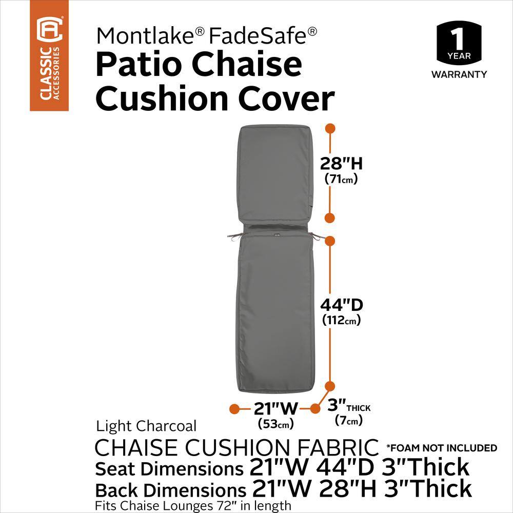 Montlake FadeSafe Light Charcoal Grey Patio Chaise Lounge Cushion Slip Cover, 72"L x 21"W
