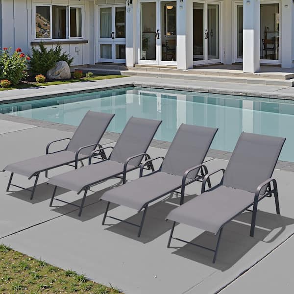Pellebant Gray 4-Piece Aluminum Metal Patio Outdoor Chaise Lounge Chairs in Gray with Adjustable Back