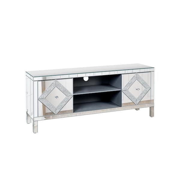 59 in. W x 15.7 in. D x 25 in. H Silver Linen Cabinet with Open Storage, Diamond Shape Sparkling Mirror Doors