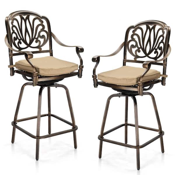 51 in. Swivel Cast Aluminum Outdoor Bar Stool with Beige Cushion (2-Pack)