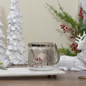 4 in. Beige Hand-Painted Pine Trees and Deer Flameless Glass Christmas Candle Holder