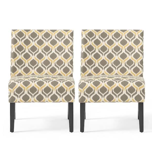 Noble House Kassi Yellow and Gray Geometric-Patterned Fabric Accent Chairs (Set of 2)