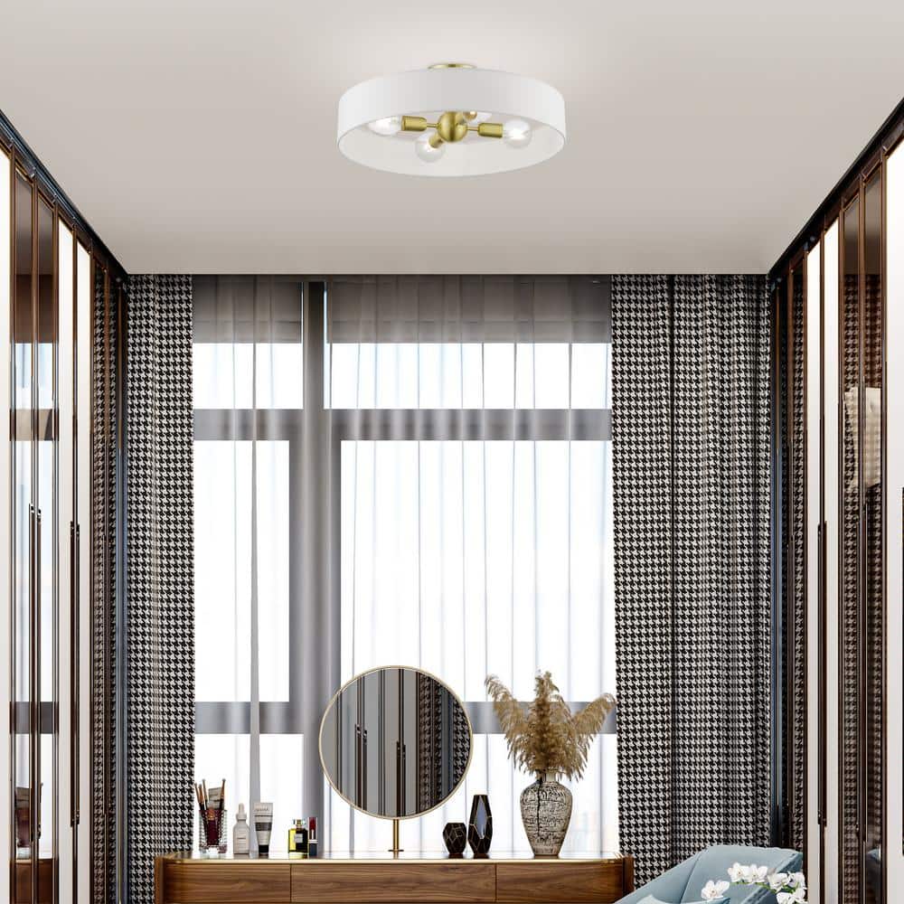 Satin Brass and White 4-Light Drum Semi-Flush Mount