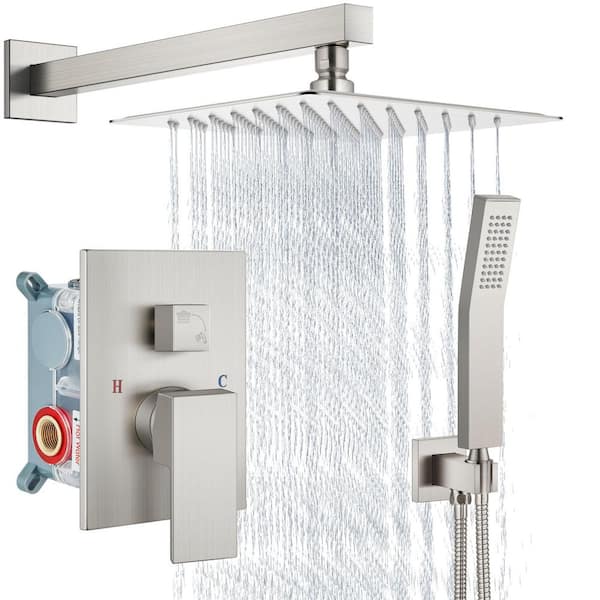 Shower Faucet Set Rain System 1-Handle Spray Combo Rough-in Valve Trim Kit Included Brushed Nickel 8 Inch Wall Mount
