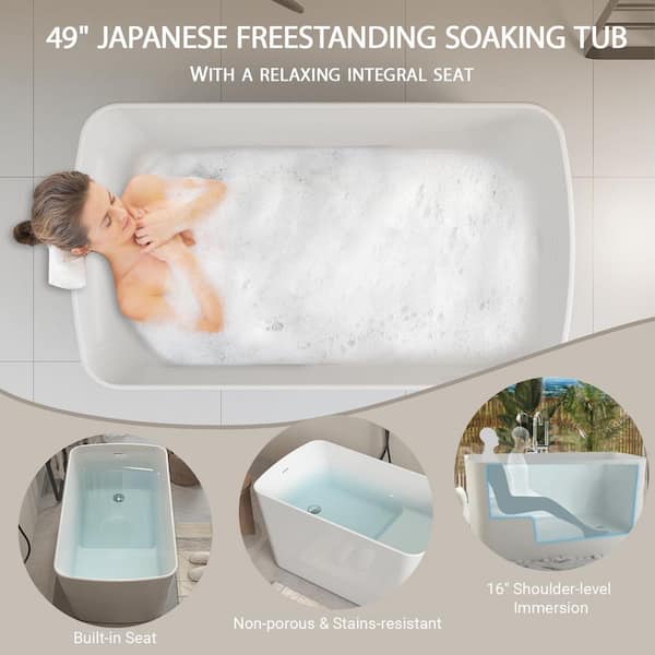 Muse 49 in. Acrylic Flatbottom Rectangle Freestanding Non-Whirlpool Soaking Bathtub Include Interior Seat Outer White