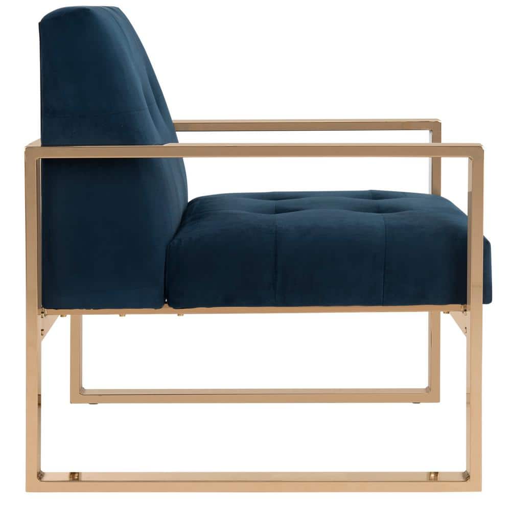 Transitional Geometric Navy Velvet Accent Chair with Gold Metal Frame