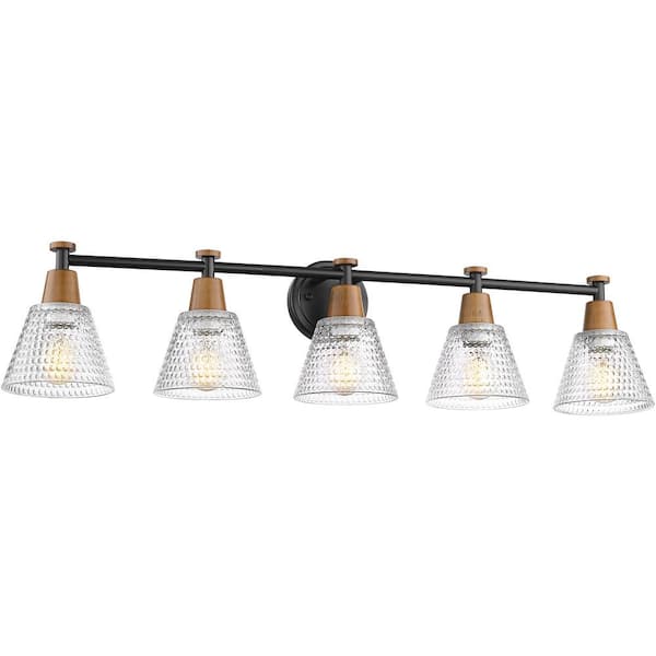 37.4 in. 5-Light Black Vanity Light with Hammered Glass Shade Bathroom Lights Over Mirror for Kitchen