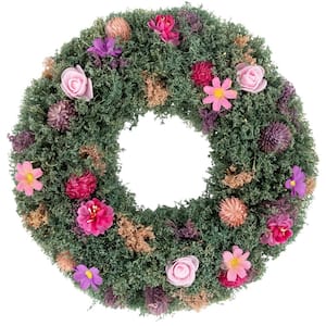 13 in. Pink Rose and Purple Thistle Mixed Floral Spring Wreath