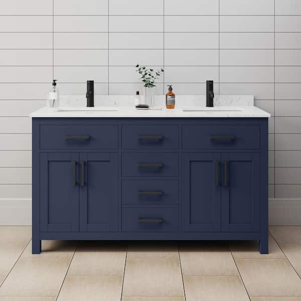 Wyndham Collection Beckett 60 in. W x 22 in. D x 35 in. H Double Sink Bathroom Vanity in Dark Blue with Carrara Cultured Marble Top