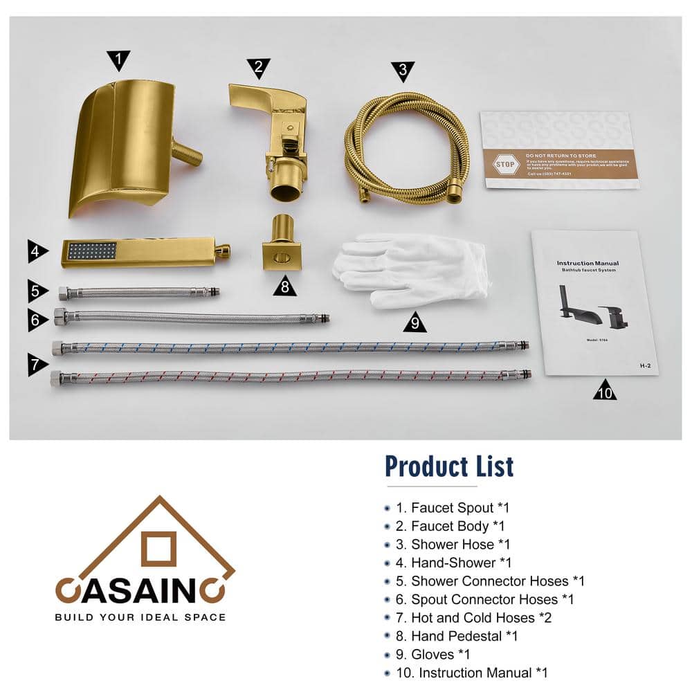 Gold Deck Mounted Waterfall Tub Faucet with Hand Shower