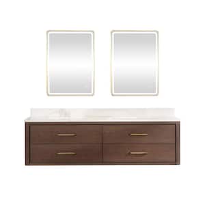 Cristo 72 in. W x 22 in. D x 20.6 in. H Double Sink Bath Vanity in Dark Brown with White Quartz Stone Top and Mirror