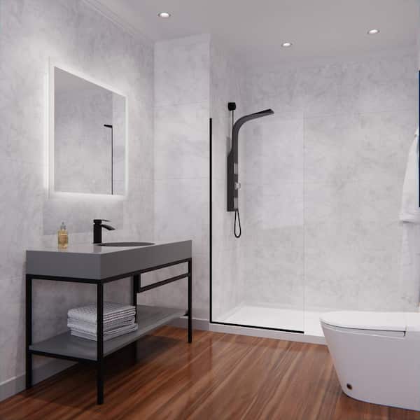 Veil Series 34 in. x 74 in. H Fixed Frameless Shower Door in Matte Black with Tsunami Guard Tempered Clear Glass
