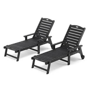 Helen Black Recycled Plastic Ply Adjustable Outdoor Reclining Chaise Lounge Chairs With Wheels for Pools Patio(Set of 2)