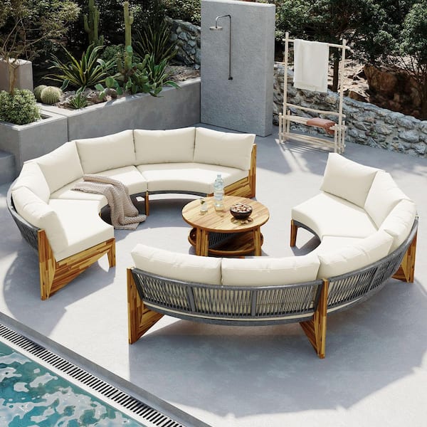 Polibi 6-Piece Brown Wood Frame Outdoor Patio Conversation Sectional Seating Set with Beige Cushions and Coffee Table