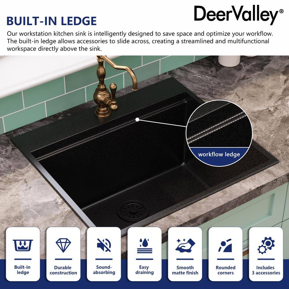 25" Black Quartz Composite Drop-In Single Bowl Kitchen Sink with Accessories