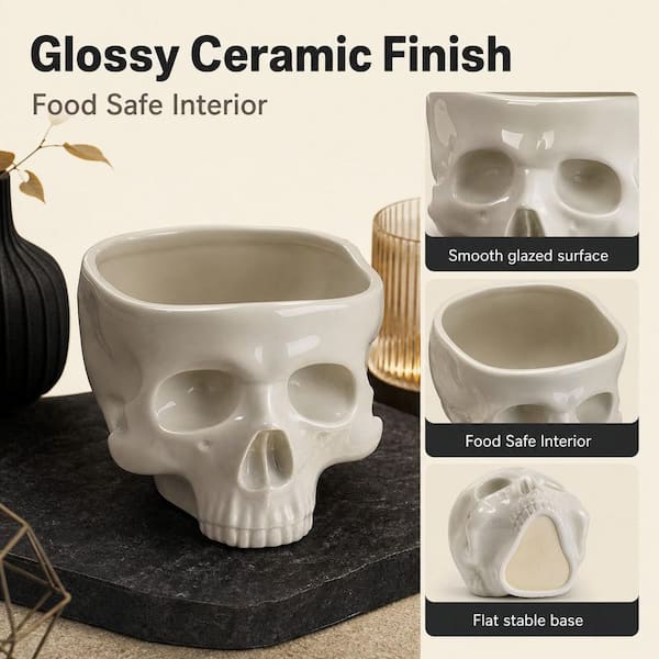 Wudkey 5 in. 17 fl. oz. White Ceramic Skull Shaped Bowl, Gothic