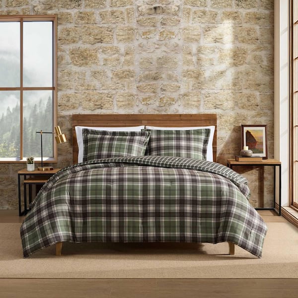 Lakeshore Plaid 3-Piece Olive Green/Beige Microfiber Full/Queen Comforter Set