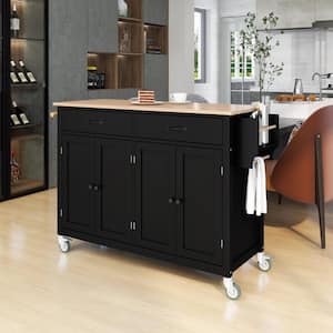 Black Kitchen Cart with Drawers and Locking Casters and Spice Rack and Wheels