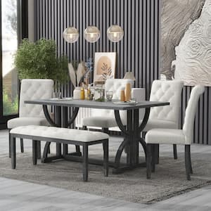 Retro Style 6-Piece Gray Wash Wood Rectangle Dining Table Set with 4 Upholstered Chairs and Bench